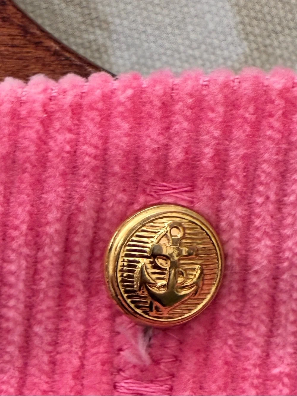 J.G. Hook Bermuda Bag Wood Handles Gold Anchor Buttons Pink Corduroy Cover